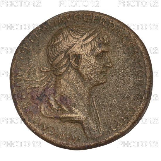 sestertius, Trajan (53–117; Roman emperor 98–117); obverse: head of Trajan in laurel wreath facing right; rim inscription: IMP CAES NER TRAIAN OPTIMO AVG GER DAC PM TR P COS VI PP; reverse: Fortuna sitting on a chair facing left, dressed in a waist-length robe, holding a ship's rudder in her right hand and a cornucopia in her left; inscription in field: FORT RED SC; rim inscription: SENATVS POPVLVSQVE ROMANVS; dated 115–116; Roman Empire (27 BC–476); Rome; coin; weight 23.85 g