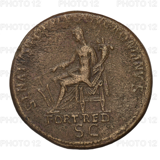 sestertius, Trajan (53–117; Roman emperor 98–117); coin, Rome, 115–116. Obverse: head of Trajan in laurel wreath facing right; rim inscription IMP CAES NER TRAIAN OPTIMO AVG GER DAC PM TR P COS VI PP. Reverse: Fortuna seated on a chair facing left, dressed in a waist-length robe, holding a ship's rudder in her right hand and a cornucopia in her left; inscription in field FORT RED SC; rim inscription SENATVS POPVLVSQVE ROMANVS. Weight 23.85 g.