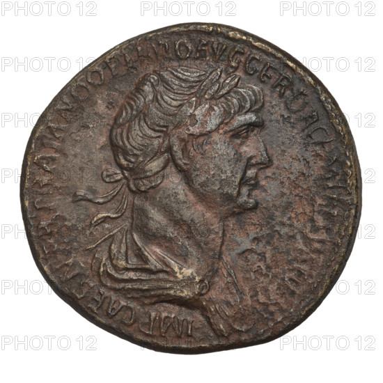 Sestertius, Trajan (53–117; Roman emperor 98–117). Obverse: head of Trajan in laurel wreath facing right; rim inscription IMP CAES NER TRAIAN OPTIMO AVG GER DAC P. Reverse: Fortuna seated on a chair facing left, wearing a long robe, holding a ship's rudder in her right hand and a horn of plenty in her left; inscription FORT RED SC; rim inscription SENATVS POPVLVSQVE ROMANVS. 115–116. Roman Empire (27 BC–476). Coin; weight 24.85 g.