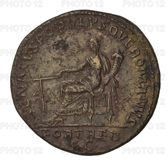 sestertius, Trajan (53–117; Roman emperor 98–117); Fortuna (personification) with horn of plenty and laurel wreaths; Obv.: head of Trajan in laurel wreath facing right; rim inscription: IMP CAES NER TRAIAN OPTIMO AVG GER DAC P; Rev.: Fortuna seated on a chair facing left, wearing a long robe, holding a ship's rudder in her right hand and a horn of plenty in her left; inscription in field: FORT RED SC; rim inscription: SENATVS POPVLVSQVE ROMANVS; 115–116 CE; Roman Empire (27 BC–476); Rome; coin; weight 24.85 g