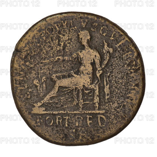 sestertius, Trajan (53–117; Roman emperor 98–117); 115–116; Roman Empire; Rome. Obverse: head of Trajan in laurel wreath facing right; rim inscription: IMP CAES NER TRAIAN OPTIMO AVG GER DAC. Reverse: Fortuna seated on a chair facing left, wearing a waist-length robe, holding a ship's rudder in her right hand and a cornucopia in her left; inscription in field: FORT RED SC; rim inscription: POPVLVSQVE. Coin; weight 25.05 g.