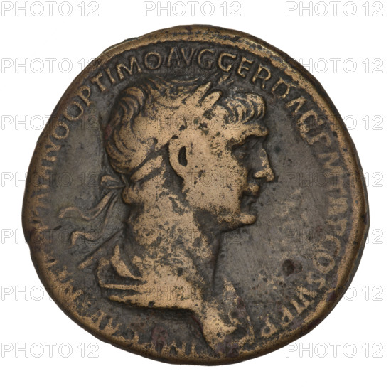 sestertius, Trajan (53–117; Roman emperor 98–117); obverse: head of Trajan in laurel wreath facing right; rim inscription: IMP CAES NER TRAIAN OPTIMO AVG GER DAC PM TR P COS VI PP. Reverse: Fortuna seated on a chair facing left, wearing a waist-length robe, holding a ship's rudder in her right hand and a cornucopia in her left; inscription in field: FORT RED SC; rim inscription: SENATVS POPVLVSQVE ROMANVS. 115–116 CE; Roman Empire; coin; weight 27.50 g.