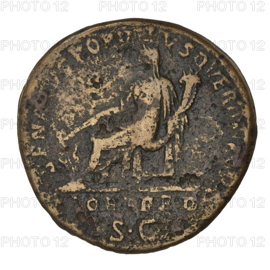 sestertius, Trajan (53–117; Roman emperor 98–117); obverse: head of Trajan in laurel wreath facing right; rim inscription: IMP CAES NER TRAIAN OPTIMO AVG GER DAC PM TR P COS VI PP; reverse: Fortuna seated on a chair facing left, wearing a waist-length robe, holding a ship's rudder in her right hand and a cornucopia in her left; inscription in field: FORT RED SC; rim inscription: SENATVS POPVLVSQVE ROMANVS; 115–116; Roman coin, weight 27.50 g