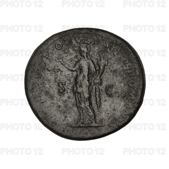 dupondius, Trajan (53–117; Roman emperor 98–117); Obverse: head of Trajan in radiant crown facing right; rim inscription: IMP CAES NER TRAIAN OPTIMO AVG GER DAC PM TR P COS VI PP. Reverse: Felicitas standing left in long robe, holding a caduceus in her right hand and a horn of plenty in her left, with the letters SC on either side; rim inscription: SENATVS POPVLVSQVE ROMANVS. 115–116, Rome, Roman Empire (27 BC–476). Coin; weight 13.03 g.