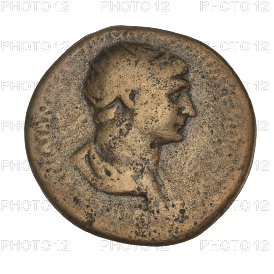 Dupondius of Trajan (98–117 AD). Obverse: radiate crowned head of Trajan; rim inscription illegible. Reverse: Felicitas standing left in a long robe, holding a caduceus in her right hand and a cornucopia in her left; letters S C on either side; rim inscription SENATVS POPVLVSQVE ROMANVS. Date: 115–116 AD. Roman Empire. Coin; weight 11.80 g.