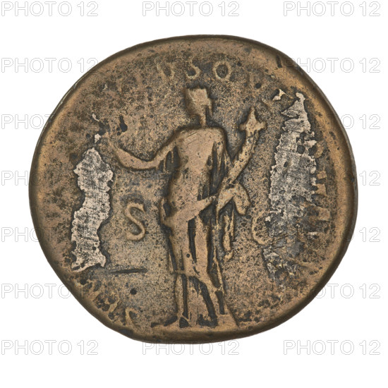 Dupondius, Trajan (53–117; Roman emperor 98–117). Obverse: head of Trajan in radiant crown; rim inscription illegible. Reverse: Felicitas (personification) standing left in a long robe, holding a caduceus in her right hand and a cornucopia in her left, with the letters SC on either side; rim inscription: SENATVS POPVLVSQVE ROMANVS. Date: 115–116. Roman Empire (27 BC–476), Rome. Coin; weight 11.80 g.