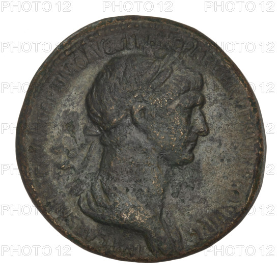 Sestertius, Trajan (53–117; Roman emperor 98–117). Bronze coin, weight 24.45 g, dated 116–117. Obverse: bust of Trajan with laurel wreath facing right; rim inscription: IMP CAES NER TRAIANO OPTIMO AVG GER DAC PARTHICO PM TRP COS VI PP. Reverse: Trajan stands facing right in military costume, right hand resting on a vertical spear, left holding a parazonium; personification of the Tigris and Euphrates seated at his right, personification of Armenia seated at his left; letters SC on either side; rim inscription: ARMENIA ET MESOPOTAMIA IN POTESTATEM PR REDACTAE. Note: deep scratch on the reverse. Roman Empire (27 BC–476), Rome.