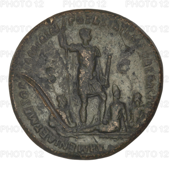 Sestertius of Trajan (53–117; Roman emperor 98–117). Obverse: bust of Trajan with laurel wreath facing right; rim inscription: IMP CAES NER TRAIANO OPTIMO AVG GER DAC PARTHICO PM TRP COS VI PP. Reverse: Trajan stands facing right in military costume, his right hand rests on a vertical spear, in his left hand he holds a parazonium; the personification of the Tigris and Euphrates sits at his right and the personification of Armenia at his left; letters SC appear on either side; rim inscription: ARMENIA ET MESOPOTAMIA IN POTESTATEM PR REDACTAE. Note: deep scratch on the reverse. Date: 116–117. Rome; Roman Empire (27 BC–476). Coin, weight 24.45 g.
