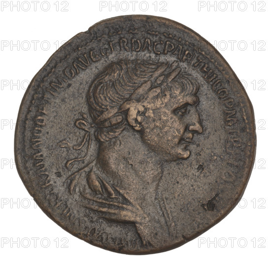 sestertius, Trajan (53–117; Roman emperor 98–117); obverse: bust of Trajan with laurel wreath facing right; rim inscription: IMP CAES NER TRAIANO OPTIMO AVG GER DAC PARTHICO PM TRP COS VI PP. Reverse: Trajan in military dress seated left on a platform, behind him the prefect; bottom left King Parthamaspates; personification of Parthia kneeling on the left; in the field the letters SC; rim inscription: REX PARTHIS DATVS. Date: 116–117. Coin, Roman Empire; weight 25.45 g.
