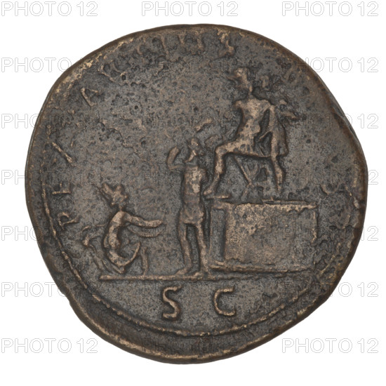 Sestertius, Trajan (53–117; Roman emperor 98–117). Obverse: bust of Trajan with laurel wreath facing right; rim inscription: IMP CAES NER TRAIANO OPTIMO AVG GER DAC PARTHICO PM TRP COS VI PP. Reverse: Trajan in military dress seated left on a platform, behind him the prefect; bottom left King Parthamaspates; personification of Parthia kneeling on the left; in the field the letters SC; rim inscription: REX PARTHIS DATVS. 116–117. Roman Empire (27 BC–476). Rome. Coin, weight 25.45 g.