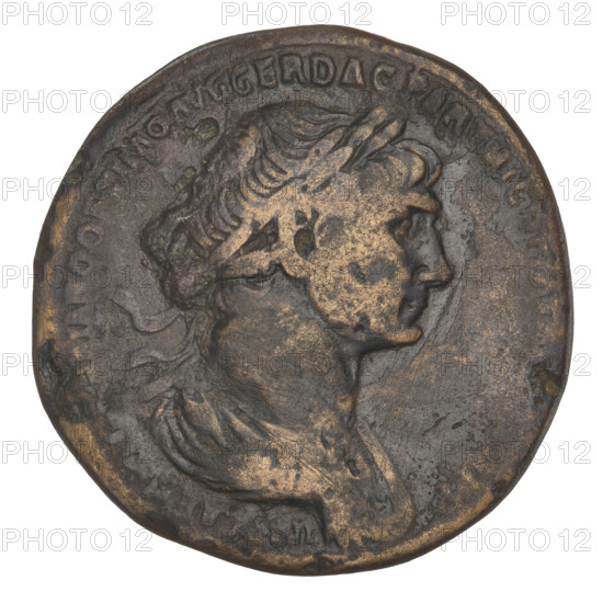 Sestertius of Trajan (53–117; Roman emperor 98–117). Bronze coin, weight 24.70 g, Roman Empire, Rome, dated 116–117. Obverse: bust of Trajan with laurel wreath facing right; rim inscription: IMP CAES NER TRAIANO OPTIMO AVG GER DAC PARTHICO PM TRP COS VI PP. Reverse: Trajan in military dress seated left on a platform, behind him the prefect; at bottom left King Parthamaspates (personification of Parthia) kneeling on the left; in the field the letters SC; rim inscription: REX DATVS.