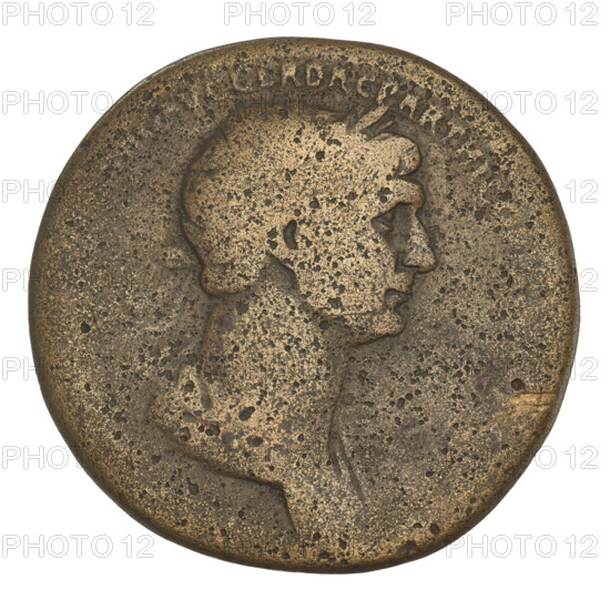 Sestertius, Trajan (53–117; Roman emperor 98–117). Obverse: bust of Trajan with laurel wreath facing right; rim inscription: G GER DAC PARTHIC. Reverse: Trajan in military dress seated left on a platform, behind him the prefect; at bottom left Parthamaspates (personification of Parthia) kneeling on the left; in the field the letters SC; rim inscription illegible. 116–117 CE. Roman Empire. Rome. Coin, weight 21.95 g.