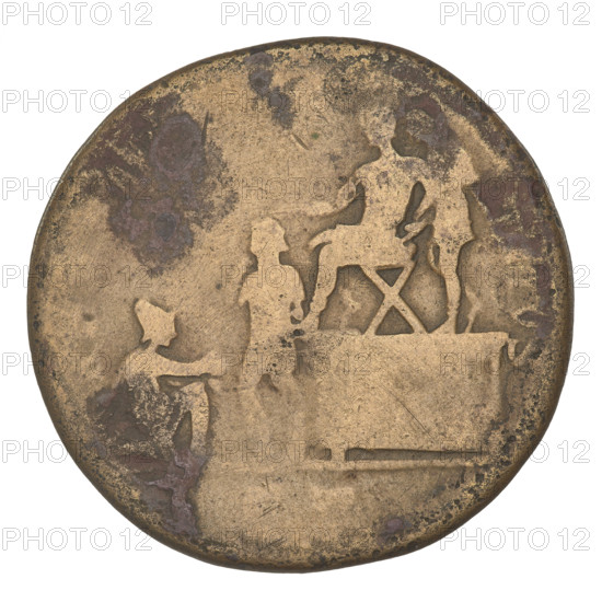 Sestertius, Trajan (53–117; Roman emperor 98–117). Obverse: bust of Trajan with laurel wreath facing right; rim inscription: G GER DAC PARTHIC. Reverse: Trajan in military dress seated left on a platform; behind him the prefect; at bottom left King Parthamaspates (personification of Parthia) kneeling on the left; in the field the letters SC; rim inscription: illegible. 116–117 CE. Roman Empire (27 BC–476). Rome. Coin; weight 21.95 g.
