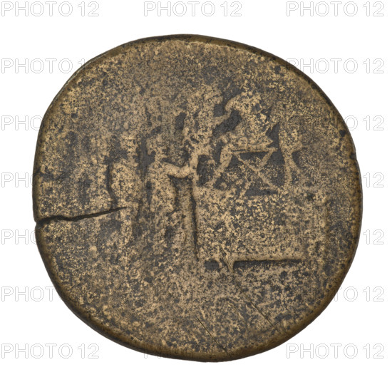 Sestertius, Trajan (53–117; Roman emperor 98–117). Obverse: bust of Trajan with laurel wreath facing right; rim inscription illegible. Reverse: Trajan in military dress seated left on a platform; behind him a prefect and a soldier; three kings standing before him at the bottom left; section letters invisible; rim inscription illegible. Type: Trajan bare-headed, in military dress, seated left on platform on right with prefect and soldier; three kings standing before him. Date: 116–117. Roman Empire (27 BC–476). Coin; weight 21.20 g.