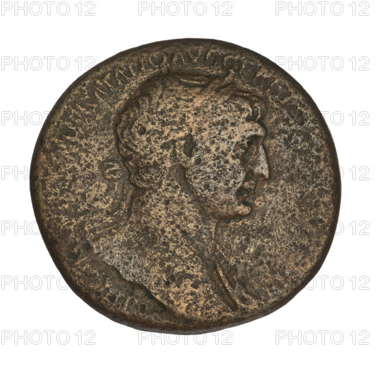 Sestertius of Trajan (53–117; Roman emperor 98–117). Obverse: head of Trajan in laurel wreath facing right; rim inscription illegible. Reverse: Felicitas (personification) standing left in long robe, holding a caduceus in her right hand and a cornucopia in her left, with the letters 'SC' on either side; rim inscription illegible. Roman Empire, 98–117, struck in Rome. Coin; weight 22.10 g.