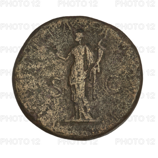 Sestertius, Trajan (53–117; Roman emperor 98–117). Obverse: head of Trajan in laurel wreath facing right; rim inscription illegible. Reverse: Felicitas (personification) standing left in long robe, holding a caduceus in her right hand and a cornucopia in her left, with the letters SC on either side; rim inscription illegible. Rome, Roman Empire (27 BC–476). Coin; weight 22.10 g.