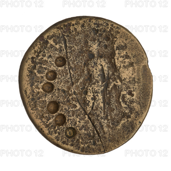 Sestertius, Trajan (53–117; Roman emperor 98–117). Obverse: head of Trajan in laurel wreath facing right; rim inscription illegible. Reverse: Felicitas (personification) standing left in a long robe, holding a caduceus downwards in her right hand and a horn of plenty in her left, with the letters SC on either side of the horn; rim inscription illegible. Note: on the obverse, to the right of the emperor's image are six large, strongly concave holes in a straight line; on the reverse, to the left of Felicitas are six large, strongly concave holes arranged in a semicircle. 180-degree axis. Roman Empire, 98–117. Coin; weight 15.75 g.