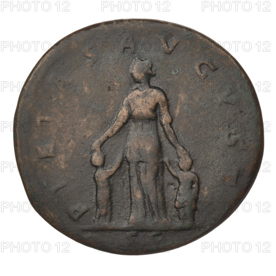 Sestertius, Trajan (53–117; Roman emperor 98–117). Obverse: bust of Matidia the Elder (Trajan's niece; 68–119), dressed in a robe, hair tied with a necklace and topped with a precious stone, facing right; rim inscription: MATIDIA AVG DIVAE MARCIANAE F. Reverse: Matidia stands upright, head turned left, hands held above Sabina (Roman empress; 85–137) and Matidia the Younger; rim inscription: PIETAS AVGVST. Date: 98–117. Rome, Roman Empire (27 BC–476). Coin (sestertius), weight 28.07 g.
