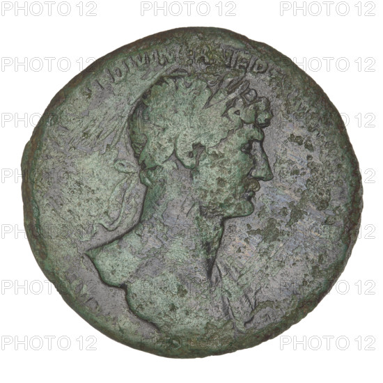 sestertius, Hadrian (76–138; Roman emperor 117–138); obverse: Hadrian's head to the right, laurel wreath in hair; rim inscription illegible. Reverse: Fortuna seated on a throne to the left, wearing a long robe with draperies, holding a ship's rudder in her right hand and a cornucopia in her left; rim inscription illegible; in the field inscription: FORT RED. Date: 117. Rome, Roman Empire (27 BC–476). Coin; weight 21.00 g.