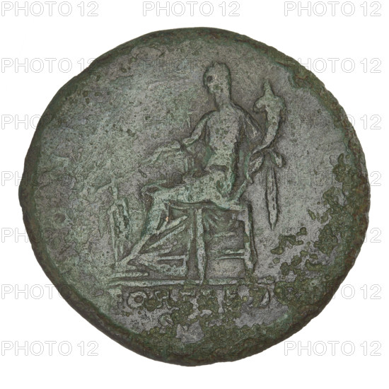 Sestertius, Hadrian (76–138; Roman emperor 117–138). Obverse: Hadrian's head to the right, laurel wreath in hair; rim inscription illegible. Reverse: Fortuna seated on a throne to the left, wearing a long robe with draperies, holding a ship's rudder in her right hand and a cornucopia in her left; rim inscription illegible. In the field: inscription 'FORT RED'. Date: 117. Rome, Roman Empire (27 BC–476). Coin; weight 21.00 g.