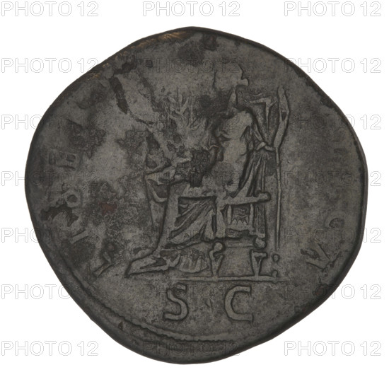 Sestertius of Hadrian (76–138; Roman emperor 117–138). Obverse: Bust of Hadrian with a laurel wreath facing right; rim inscription IMPCAESARTRAIANVSHADRIANVSAVGPMTRPCOSIII. Reverse: Libertas seated left, wearing a long dress, holding a branch in her right hand on her knee and a long scepter vertically in her left; rim inscription LIBERCA; control letters: SC. Date: 119–122, Rome, Roman Empire (27 BC–476). Coin; weight 24.70 g.