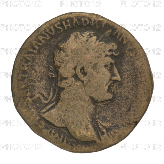 Sestertius of Hadrian (76–138; Roman emperor 117–138). Obverse: Bust of Hadrian with laurel wreath facing right; rim inscription: IMP CAESAR TRAIANVS HADRIANVS AVG PM TR P COS III. Reverse: Personification of Coin (Moneta) standing left, wearing a long robe, holding scales in her right hand and a cornucopia in her left; rim inscription: MONETA AVG; letters SC on both sides of the figure. Date: 119–122. Rome, Roman Empire (27 BC–476). Bronze coin; weight 24.0 g.