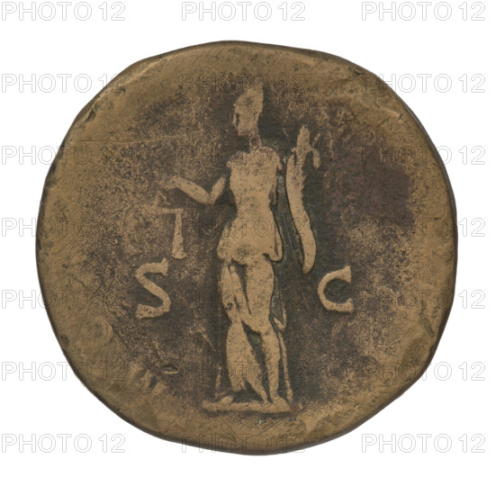 sestertius, Hadrian (76–138; Roman emperor 117–138); bronze coin (119–122, Rome). Obverse: Bust of Hadrian with laurel wreath facing right; rim inscription: IMPCAESARTRAIANVSHADRIANVSAVGPMTRPCOSIII. Reverse: Personification of Coin (Moneta) standing left, wearing a long robe, holding scales in her right hand and a cornucopia in her left; rim inscription: MONETAAVG; letters SC on both sides of the figure. Weight 24.0 g.