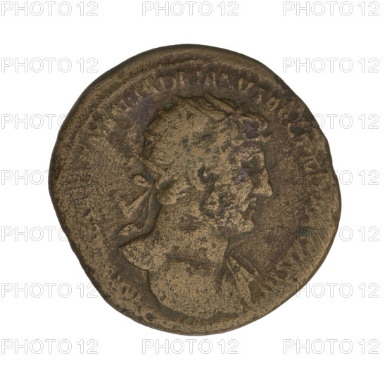 Dupondius, Hadrian (76–138; Roman emperor 117–138). Obverse: Bust of Hadrian with radiant crown facing right; rim inscription ANHADRIANVSAVGPM. Reverse: Pietas standing right, in a long robe, raising her right hand, holding incense in her left, with a lit altar in front; rim inscription PIE·AVGVSTI and letters SC on both sides of the figure. Date c. 119–122. Rome, Roman Empire (27 BC–476). Coin; weight 12.87 g.
