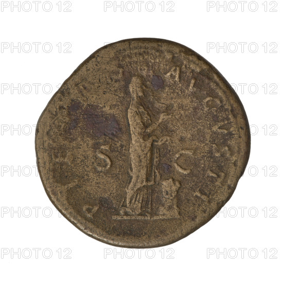 Dupondius, Hadrian (76–138; Roman emperor 117–138). Obverse: Bust of Hadrian with radiant crown facing right; rim inscription ANHADRIANVSAVGPM. Reverse: Pietas stands right, dressed in a long robe, raises her right hand, holds incense in her left hand, a lit altar in front of her; rim inscription PIE AVGVSTI; letters SC on both sides of the figure. Date: 119–122, Rome, Roman Empire (27 BC–476). Coin; weight 12.87 g.