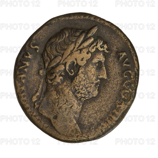 Sestertius of Hadrian (76–138; Roman emperor 117–138). Obverse: Bust of Hadrian with laurel wreath facing right; rim inscription: HADRIANVSAVGCOS III PP. Reverse: Aequitas (personification) standing left, wearing a long robe, holding scales in her right hand and a long sceptre in her left; rim inscription: AEQVITASAVG; letters SC on both sides of the figure. Date: 119–138, Rome, Roman Empire (27 BC–476). Coin; weight 25.70 g.