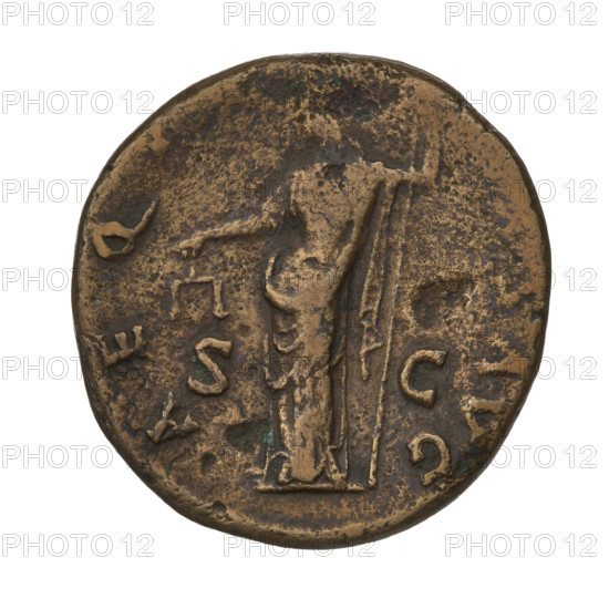 Sestertius of Hadrian (76–138; Roman emperor 117–138). Obverse: Bust of Hadrian with laurel wreath facing right; rim inscription: HADRIANVSAVGCOS III PP. Reverse: Aequitas (personification) standing left, wearing a long robe, holding scales in her right hand and a long sceptre in her left; rim inscription: AEQVITASAVG; on both sides of the figure the letters SC. Date: 119–138. Place: Rome, Roman Empire (27 BC–476). Coin; weight 25.70 g.