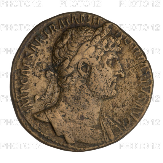 sestertius, Hadrian (76–138; Roman emperor 117–138); Ceres (mythology); branches; busts; laurel wreaths. Obv.: Bust of Hadrian with a laurel wreath facing right; rim inscription: IMPCAESARTRAIANHADRIANVSAVG. Rev.: Ceres standing left, wearing a long robe, holding a branch in her right hand and a long sceptre in her left; rim inscription: PM TR P COS III; letters SC on both sides of the figure. Date: 119–138. Place: Rome, Roman Empire (27 BC–476). Object: coin (sestertius). Weight: 22.30 g.
