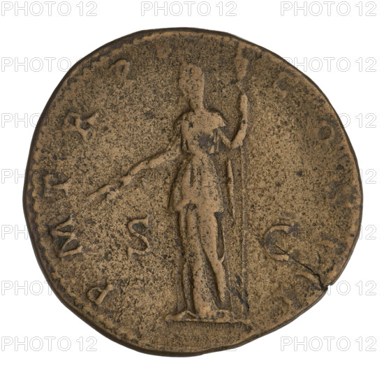 Sestertius, Hadrian (76–138; Roman emperor 117–138). Obverse: Bust of Hadrian with a laurel wreath facing right; rim inscription: IMPCAESARTRAIANHADRIANVSAVG. Reverse: Ceres standing left, wearing a long robe, holding a branch in her right hand and a long scepter in her left; rim inscription: PM TR P COS III; letters SC on both sides of the figure. Date: 119–138. Place: Rome, Roman Empire (27 BC–476). Coin; weight 22.30 g.