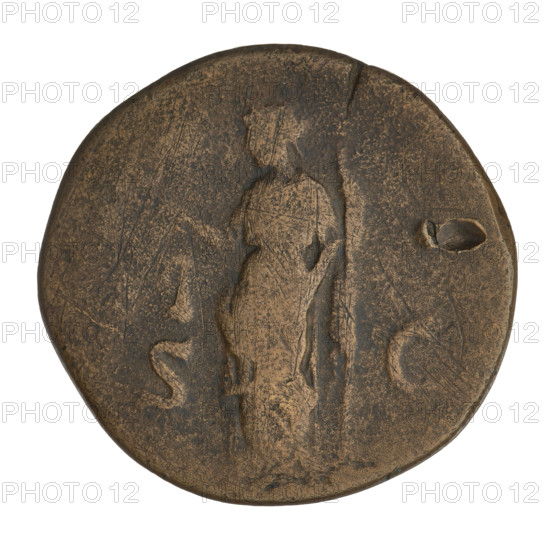 Sestertius of Hadrian (76–138; Roman emperor 117–138). Obverse: bust of Hadrian with laurel wreath facing right; rim inscription illegible. Reverse: Aequitas (personification) standing left, wearing a long robe, holding scales in her right hand and a long scepter in her left; rim inscription illegible; letters SC on both sides of the figure. Date: 119–138, Rome, Roman Empire (27 BC–476). Coin, weight 21.90 g.