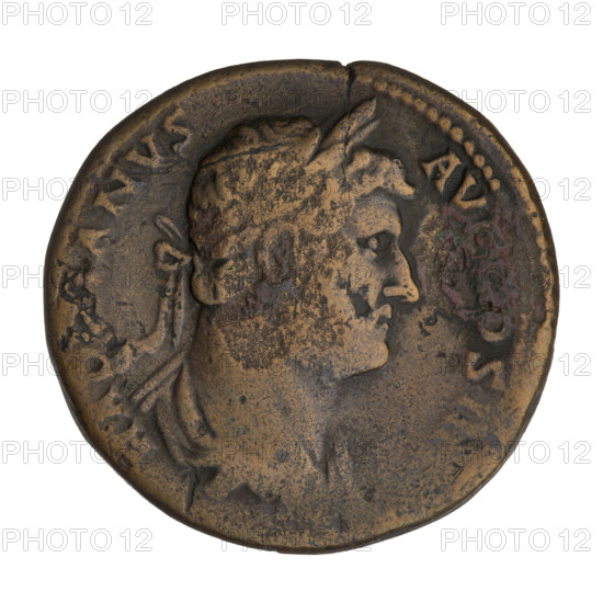 Sestertius, Hadrian (76–138; Roman emperor 117–138). Obverse: Bust of Hadrian with laurel wreath facing right; rim inscription: HADRIANVS AV|OS III PP. Reverse: Fortuna standing left, wearing a long robe, holding a patera in her right hand and a cornucopia in her left; rim inscription obliterated; on both sides of the figure the letters S C. Date: 119–138, Rome, Roman Empire (27 BC–476). Coin; weight 23.95 g.