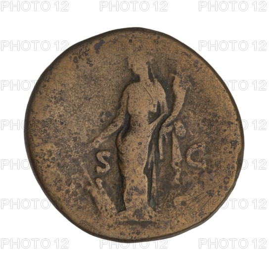 Sestertius of Hadrian (76–138; Roman emperor 117–138). Obverse: bust of Hadrian with laurel wreath facing right; rim inscription. Reverse: Fortuna standing left, wearing a long robe, holding a rudder in her right hand and a cornucopia in her left; rim inscription obliterated; letters SC on either side of the figure. Roman, 119–138 CE, Rome. Coin; weight 25.70 g.