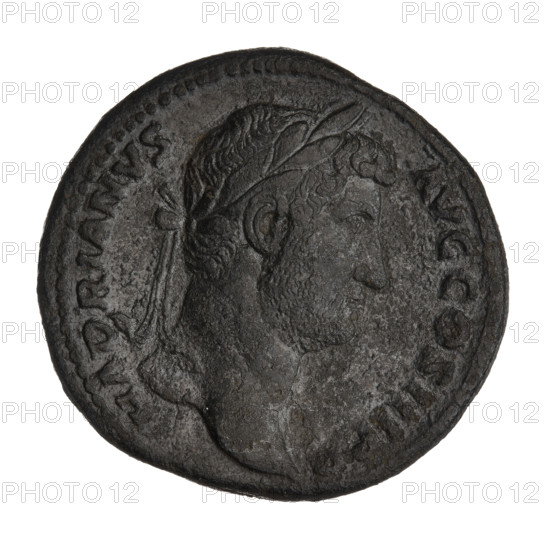 Sestertius of Hadrian (76–138; Roman emperor 117–138). Obverse: Bust of Hadrian with laurel wreath facing right; rim inscription HADRIANVSAVGCOS III PP. Reverse: Felicitas standing left, wearing a long robe, holding a branch in her right hand and a long vertical caduceus in her left; rim inscription FELICITASAVG; letters SC on both sides of the figure. Date: 119–138, Rome, Roman Empire (27 BC–476). Coin; weight 26.82 g.