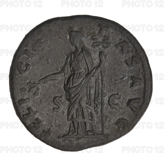 sestertius, Hadrian (76–138; Roman emperor 117–138); Obv.: Bust of Hadrian with laurel wreath facing right; rim inscription: HADRIANVSAVGCOS III PP. Rev.: Felicitas standing left, wearing a long robe, holding a branch in her right hand and a long vertical caduceus in her left; rim inscription: FELICITASAVG; on both sides of the figure the letters SC. Date: 119–138. Place: Rome, Roman Empire (27 BC–476). Medium: coin. Weight: 26.82 g.