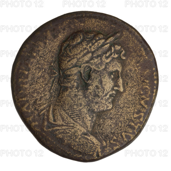sestertius, Hadrian (76–138; Roman emperor 117–138); obverse: bust of Hadrian with laurel wreath facing right, rim inscription HADRI VGVSTVS; reverse: a galley sailing left with the rower and Felicitas (personification) steering, rim inscription ATIAVG COS III PP; control marks SC on both sides of the galley; 119–138 CE, Rome, Roman Empire (27 BC–476); coin; weight 23.83 g