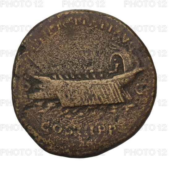 Sestertius, Hadrian (76–138; Roman emperor 117–138). Obverse: Bust of Hadrian with laurel wreath facing right; rim inscription HADRI VGVSTVS. Reverse: A galley sailing left with the rower and Felicitas (personification) steering; rim inscription ATIAVG COS III PP; letters SC on both sides of the galley. Bronze coin, weight 23.83 g, Rome, 119–138.