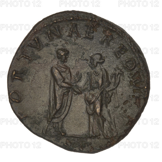 Sestertius, Hadrian (76–138; Roman emperor 117–138). Obverse: Bust of Hadrian with a laurel wreath facing right; rim inscription: AVG COS III PP. Reverse: Hadrian standing right, wearing a long robe, holding a scroll in his left hand and clasping his right hand with Fortuna standing opposite him; Fortuna standing left, wearing a long robe, holding a cornucopia in her left hand and resting on it a ship's rudder attached to a globe; rim inscription: FORTVNAE RED; in the field: SC. Date: 119–138 CE, Rome, Roman Empire. Coin; weight 24.65 g.