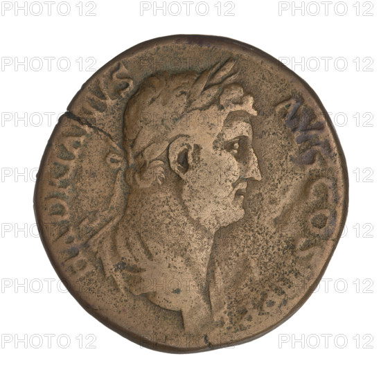 Sestertius of Hadrian (76–138; Roman Emperor 117–138), 134–138, Rome, Roman Empire. Obverse: Bust of Hadrian facing right in drapery; rim inscription HADRIANVS AVG COS III PP. Reverse: Hadrian in a toga standing right, holding a scroll in his left hand and raising his right hand toward the personification of Spain, who stands opposite him consecrating gifts with her right hand on an altar between them, holding a branch in her left; a small bull stands next to the altar; control mark SC; rim inscription ADVENTVI AVG HISPANIAE. Coin; weight 23.92 g.
