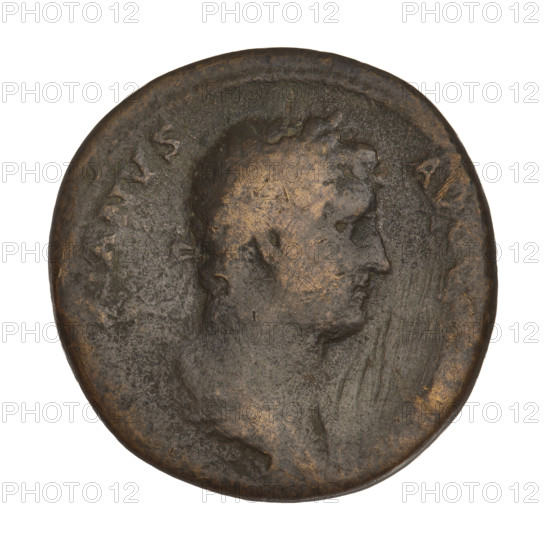 Sestertius of Hadrian (76–138; Roman Emperor 117–138). Obverse: bust of Hadrian facing right in drapery; rim inscription ANVSAVG. Reverse: Hadrian in a toga stands facing right, holds a scroll in his left hand, raises his right hand to personify Spain, who stands opposite him. Spain consecrates gifts with her right hand on an altar between them, holds a branch in her left hand; a small bull stands next to the altar; inscription SC in the field; rim inscription AD. Date: 134–138. Rome, Roman Empire (27 BC–476). Coin; weight 25.05 g.
