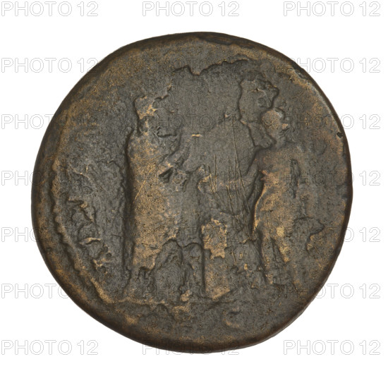 Sestertius, Hadrian (76–138; Roman Emperor 117–138). Obverse: bust of Hadrian facing right in drapery; rim inscription ANVSAVG. Reverse: Hadrian in a toga stands facing right, holds a scroll in his left hand and raises his right hand toward the personification of Spain, who stands opposite him; Spain consecrates gifts with her right hand on an altar between them, holds a branch in her left hand, a small bull stands next to the altar; inscription SC. Date: AD 134–138, Rome, Roman Empire (27 BC–476). Coin; weight 25.05 g.