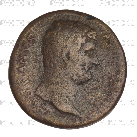 sestertius, Hadrian (76–138; Roman emperor 117–138); bronze coin, weight 26.65 g, Rome, 134–138. Obverse: bust of Hadrian facing right in drapery; rim inscription: HADRIANVSAVG. Reverse: Hadrian in a toga stands facing right on a platform, addressing three soldiers — first holds a legionary badge with an eagle, second holds a shield and standard without an eagle, third holds a shield; banner visible in background; on the sides: SC; inscription at the bottom: obliterated.