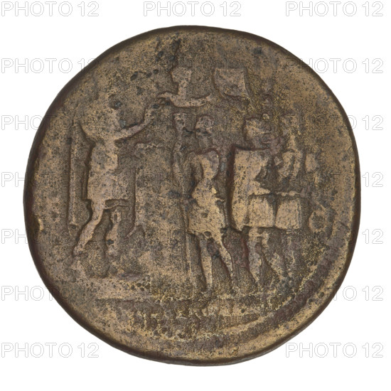 sestertius, Hadrian (76–138; Roman emperor 117–138), laurel wreaths, banners, busts, soldiers, trophies. Obv.: Bust of Hadrian facing right in drapery; rim inscription: HADRIANVS AVG. Rev.: Hadrian, in a toga, stands facing right on a platform addressing three soldiers; the first holds a legionary badge with an eagle, the second holds a shield and standard without an eagle, the third a shield; in the background a banner is visible; on the sides: SC; inscription at the bottom: obliterated. 134–138, Rome, Roman Empire (27 BC–476). Coin, weight 26.65 g.