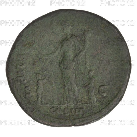 Sestertius, Hadrian (76–138; Roman emperor 117–138). Obverse: bust of Hadrian facing right in drapery; rim inscription HADRIANVS AVGVSTVS PP. Reverse: Hilaritas (personification) stands left, dressed in drapery, her right hand holding the top of a palm leaf placed on the ground and her left hand holding a cornucopia; in front of her at left a naked boy stands touching the palm leaf, and behind her at right a naked girl stands touching the goddess's dress; control marks SC at the sides; rim inscription HILA; episode inscription COS III. Dated 128–132. Rome, Roman Empire (27 BC–476). Coin; weight 25.45 g.