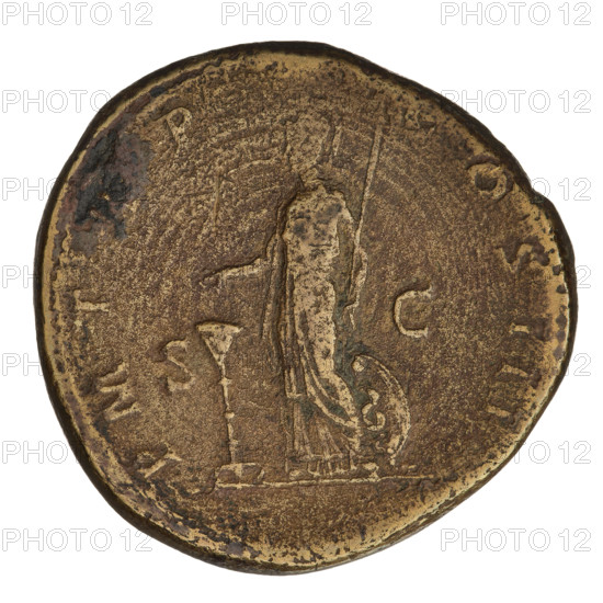 Sestertius of Hadrian (76–138; Roman emperor 117–138). Obverse: bust of Hadrian facing right wearing a laurel wreath; rim inscription IMPCAESARTRAIANHADRIANVSAVG. Reverse: Minerva standing left, dressed in a long robe and wearing a helmet; in her right hand she holds incense/a gift which she throws onto a candelabrum opposite her, in her left hand she holds a spear vertically; behind her a shield rests on her leg with a snake crawling on it; on both sides: SC; inscription at the bottom: PM TR P COS III. Date: 121–122. Rome, Roman Empire (27 BC–476). Coin; weight 25.67 g.