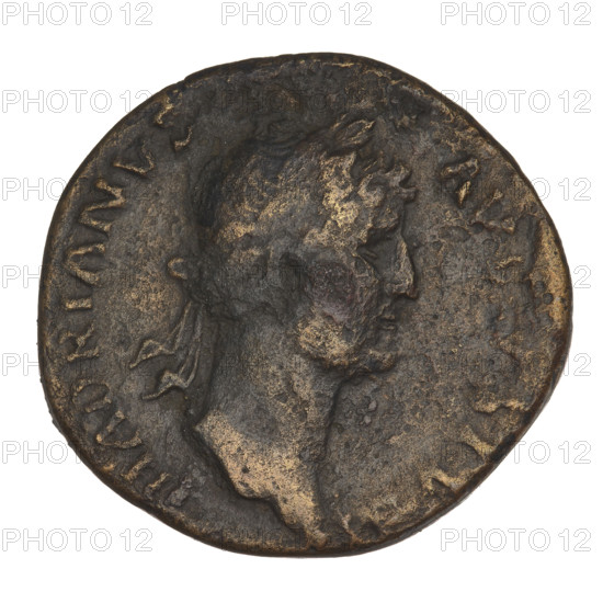 Sestertius of Hadrian (76–138 CE; Roman emperor 117–138). Obverse: laureate bust of Hadrian facing right; rim inscription HADRIANVSAVG. Reverse: personified Coin facing left, holding scales in right hand and cornucopia in left; letters SC on both sides; rim inscription MO. Date: 134–138 CE, Rome. Roman Empire (27 BCE–476 CE). Bronze coin, weight 22.95 g.