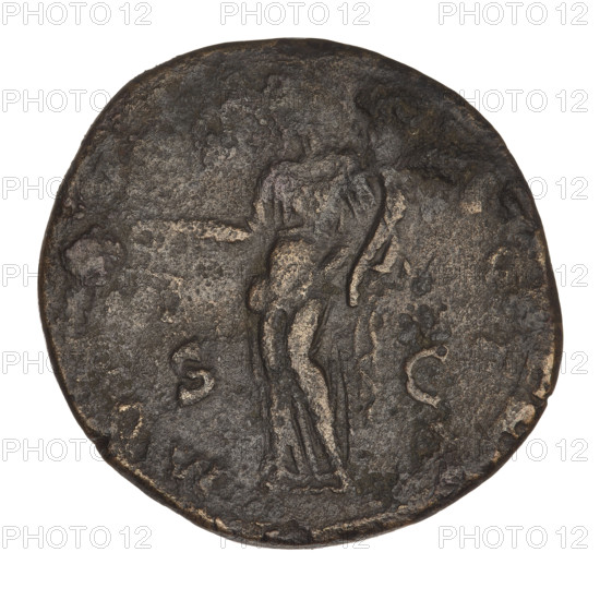 Sestertius of Hadrian (76–138; Roman emperor 117–138). Obverse: laureate head of Hadrian facing right; rim inscription HADRIANVS AVG. Reverse: personification (Coin) facing left, holding scales in right hand and cornucopia in left; letters SC on both sides; rim inscription MO. Date: 134–138, Rome, Roman Empire (27 BC–476). Coin; weight 22.95 g.